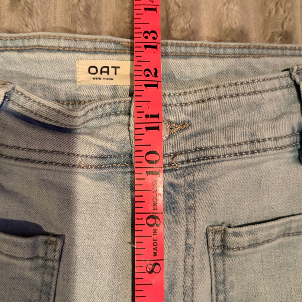OAT New York High Rise Wide Leg Jeans Light Wash Raw Hem Patch Pockets Size 6/28 - Picture 6 of 8